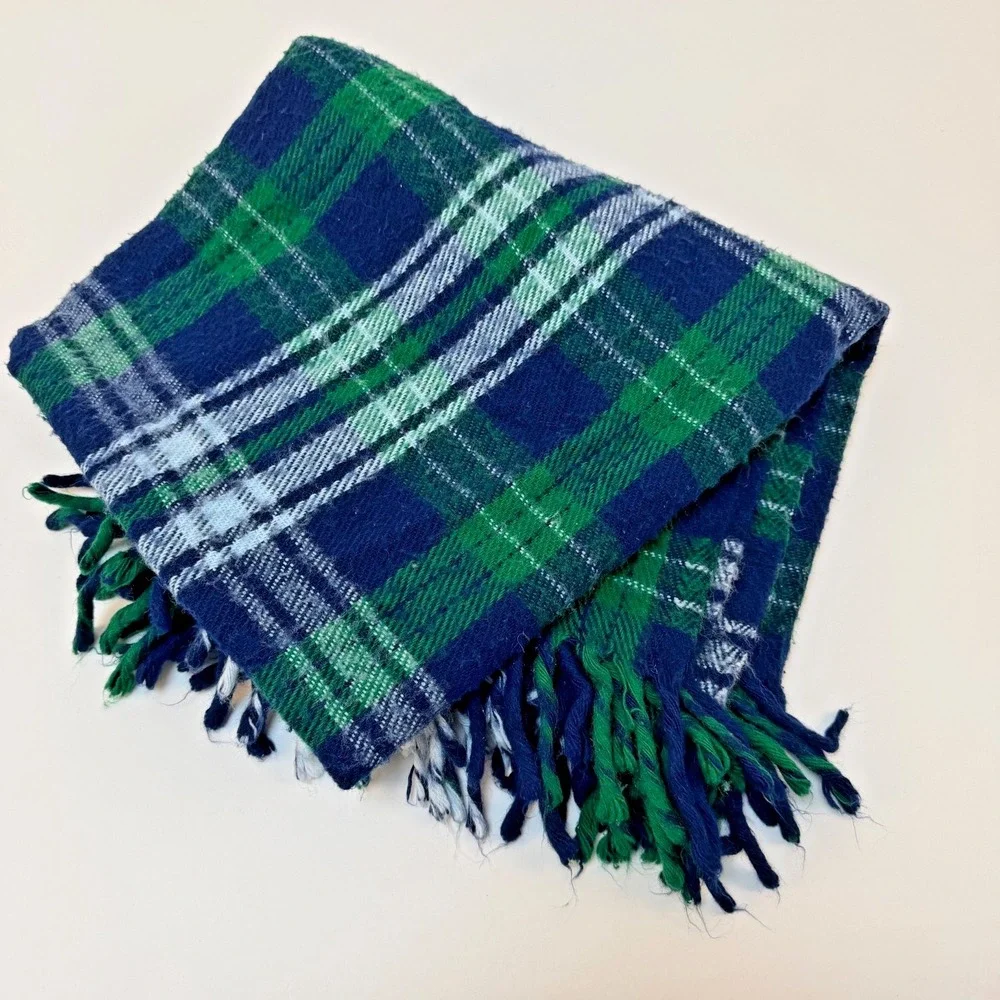 Faribault Woolen Mill  Blue‎ Green White Plaid WOOL Throw Blanket 53